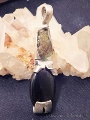  Tourmaline + Moldavite pendentif argent massif