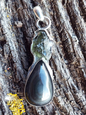  Moldavite and Celestian Obsidian silver sterlign designer pendant