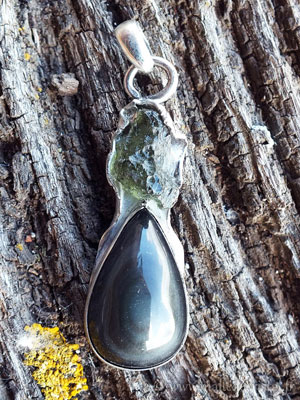  Obsidienne oeil cÃ©leste + Modavite pendentif argent massif 925 créateur